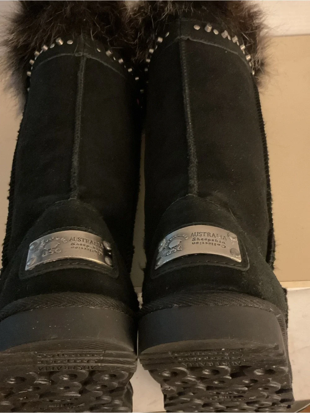 Australia collection women black suede fur stud tall boots US 8